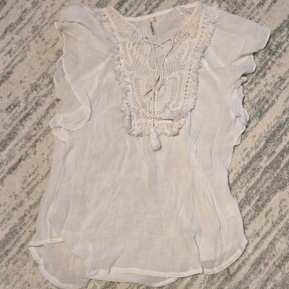 Mittoshop White Crochet Tie-Front Flutter Sleeve Blouse Size S/M